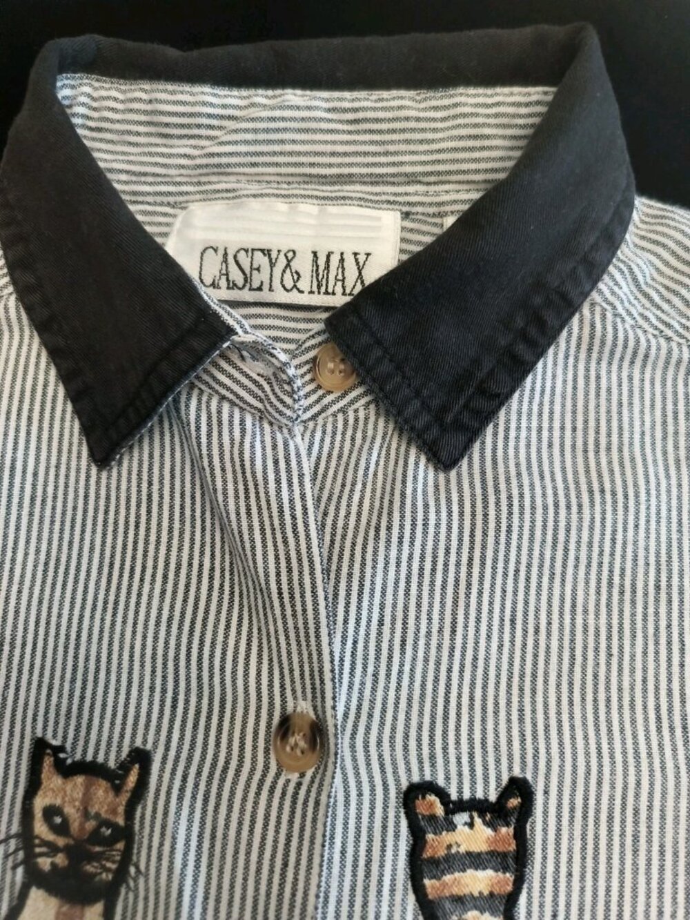 Vintage Casey & Max Striped Embroidered Shirt 2 Pieces Cottagecore Cats/Hearts M - Picture 6 of 16